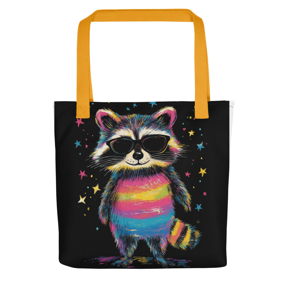 rainbow raccoon illustration with sunglasses and hat under stars and crescent moon Tote Bag front view — Wandering With Pride