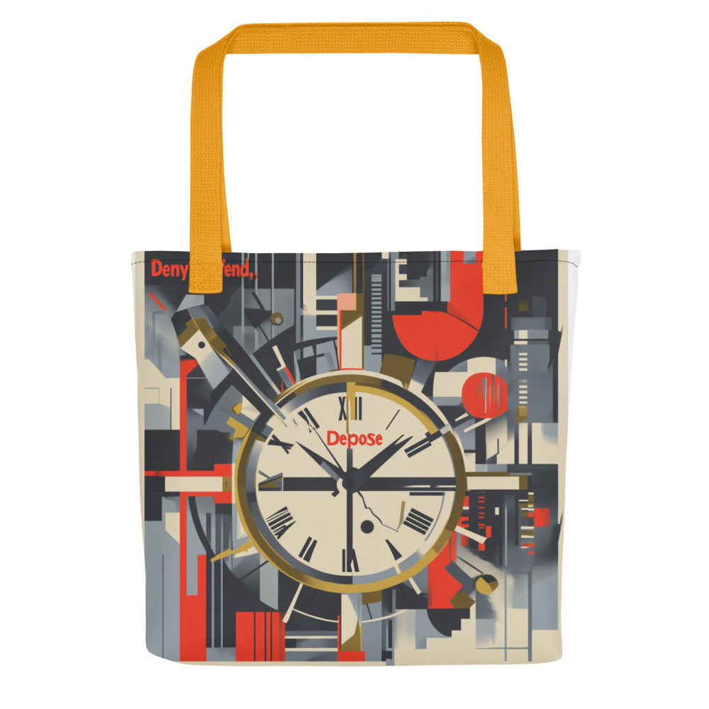 Cubist clock face with 'Demy, Defend' text and geometric shapes Tote Bag front view — Wandering With Pride