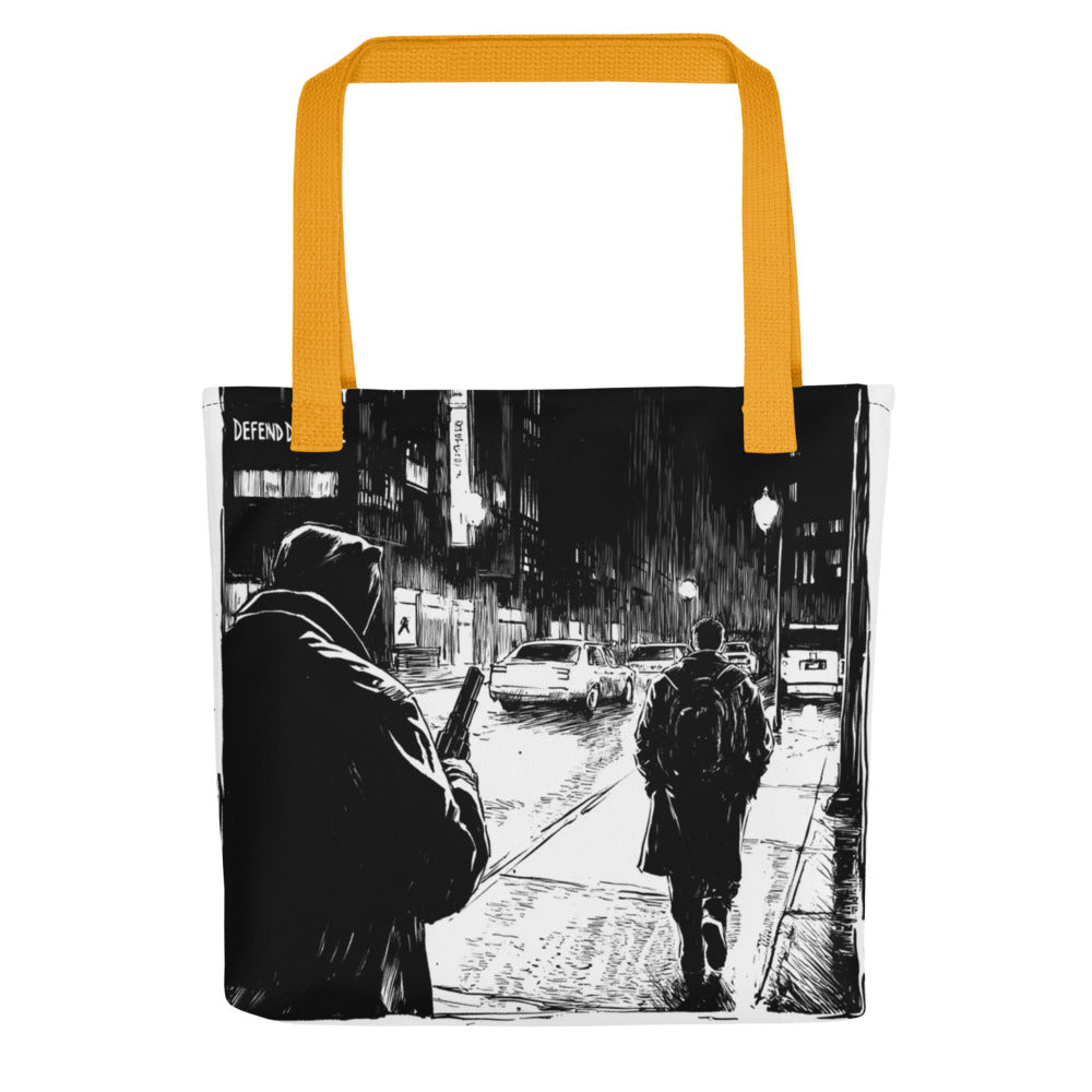 black-and-white nocturnal city street illustration with two figures walking away Tote Bag front view — Wandering With Pride