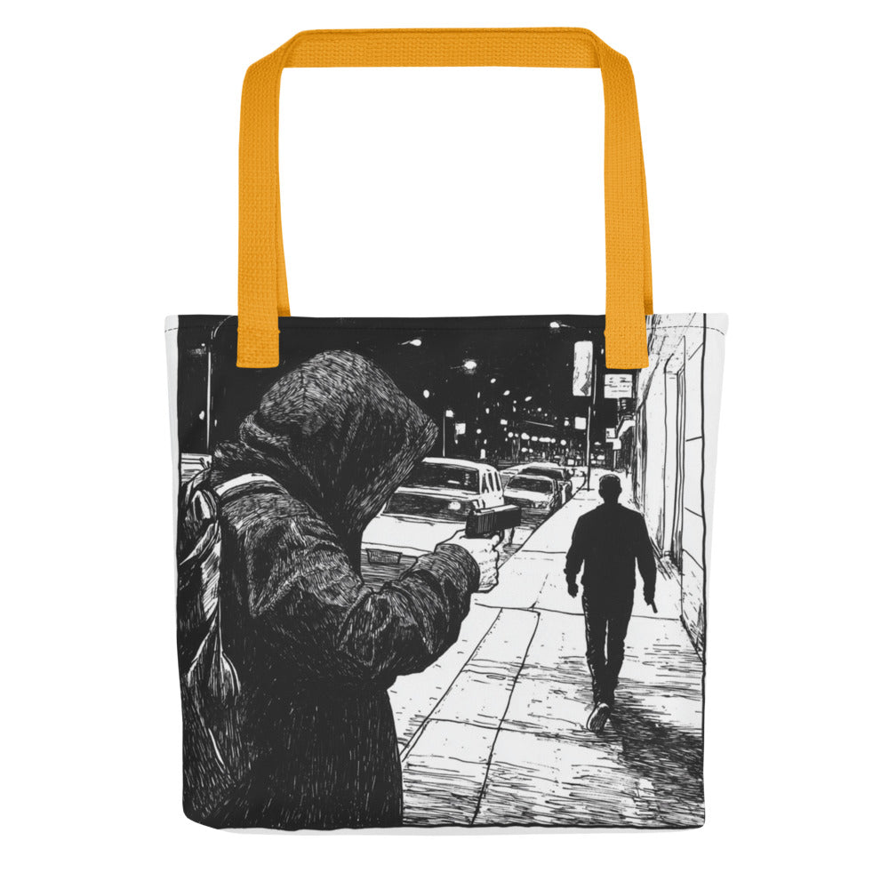 black and white hand-drawn illustration of a figure aiming a gun at someone walking away Tote Bag front view — Wandering With Pride