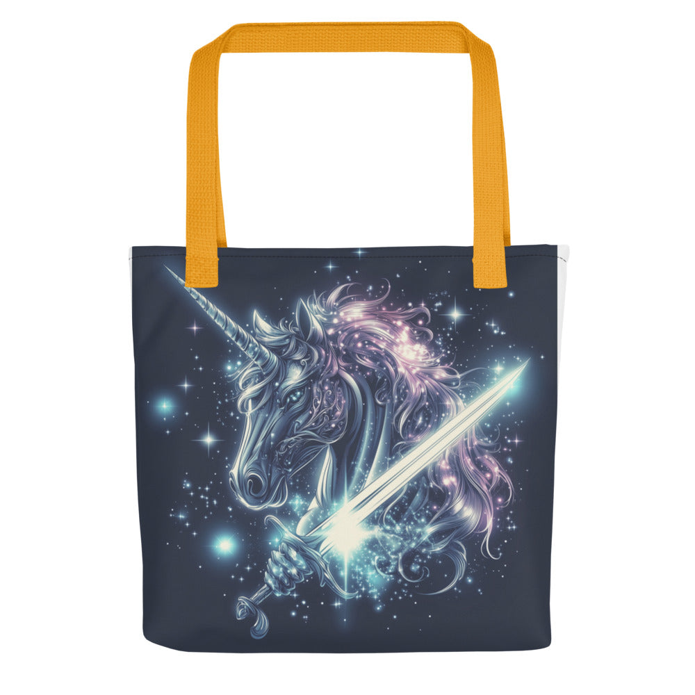 unicorn's head with a sword through its body, metallic-crystalline style Tote Bag front view — Wandering With Pride