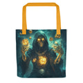 skeleton figure with glowing core and floating golden cubes illustration Tote Bag front view — Wandering With Pride