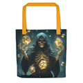 skeleton holding two dice in a mystical dark atmosphere Tote Bag front view — Wandering With Pride