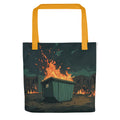 green dumpster on fire illustration Tote Bag front view — Wandering With Pride