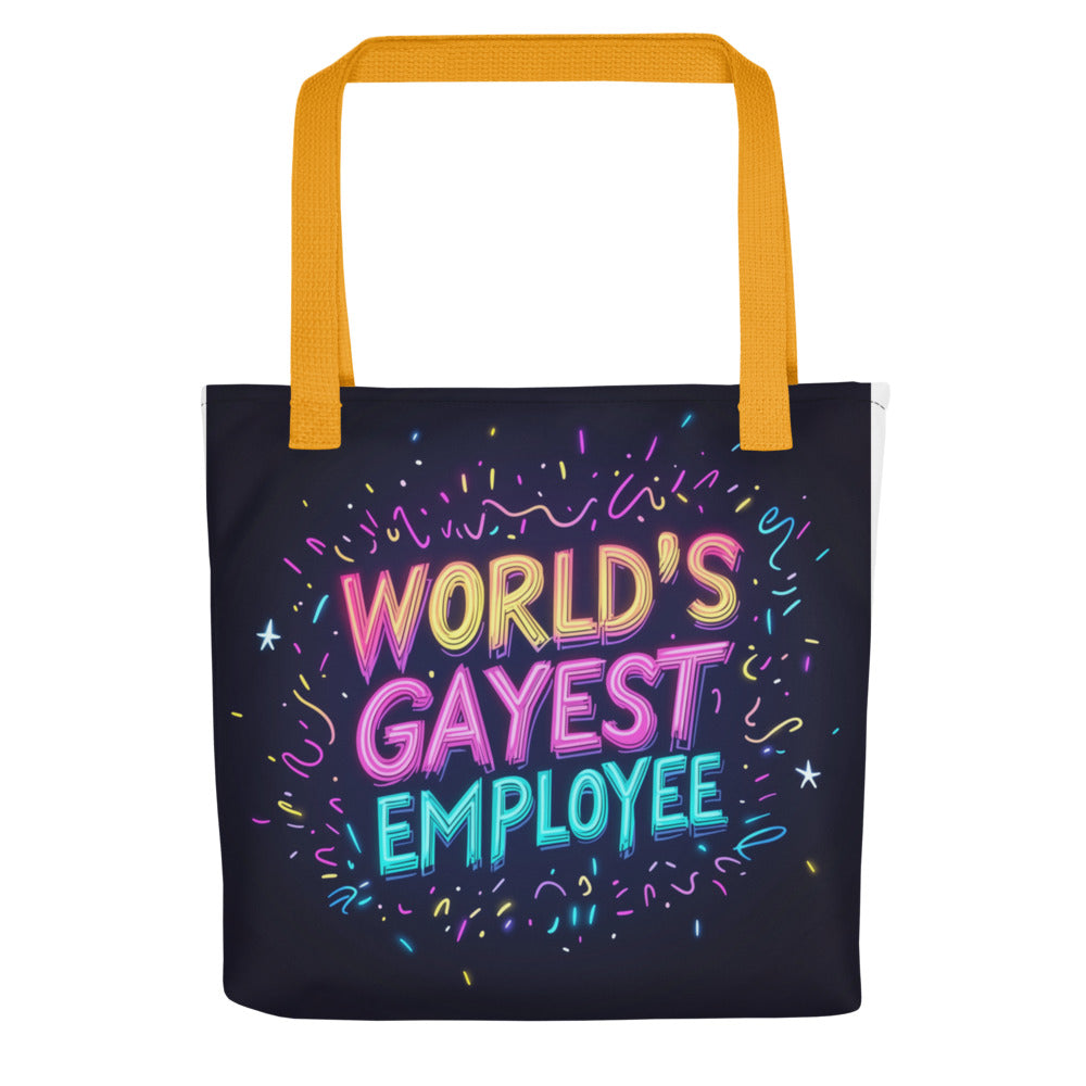 cartoon cat-bird hybrid illustration with 'WORLDS GAYEST EMPLOYEE' text Tote Bag front view — Wandering With Pride