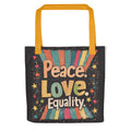 Peace. Love. abstract typography Tote Bag front view — Wandering With Pride