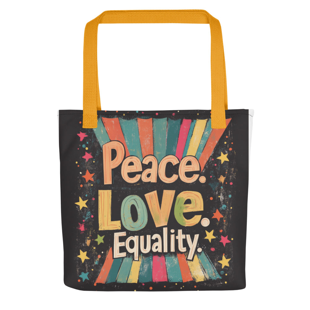 Peace. Love. abstract typography Tote Bag front view — Wandering With Pride