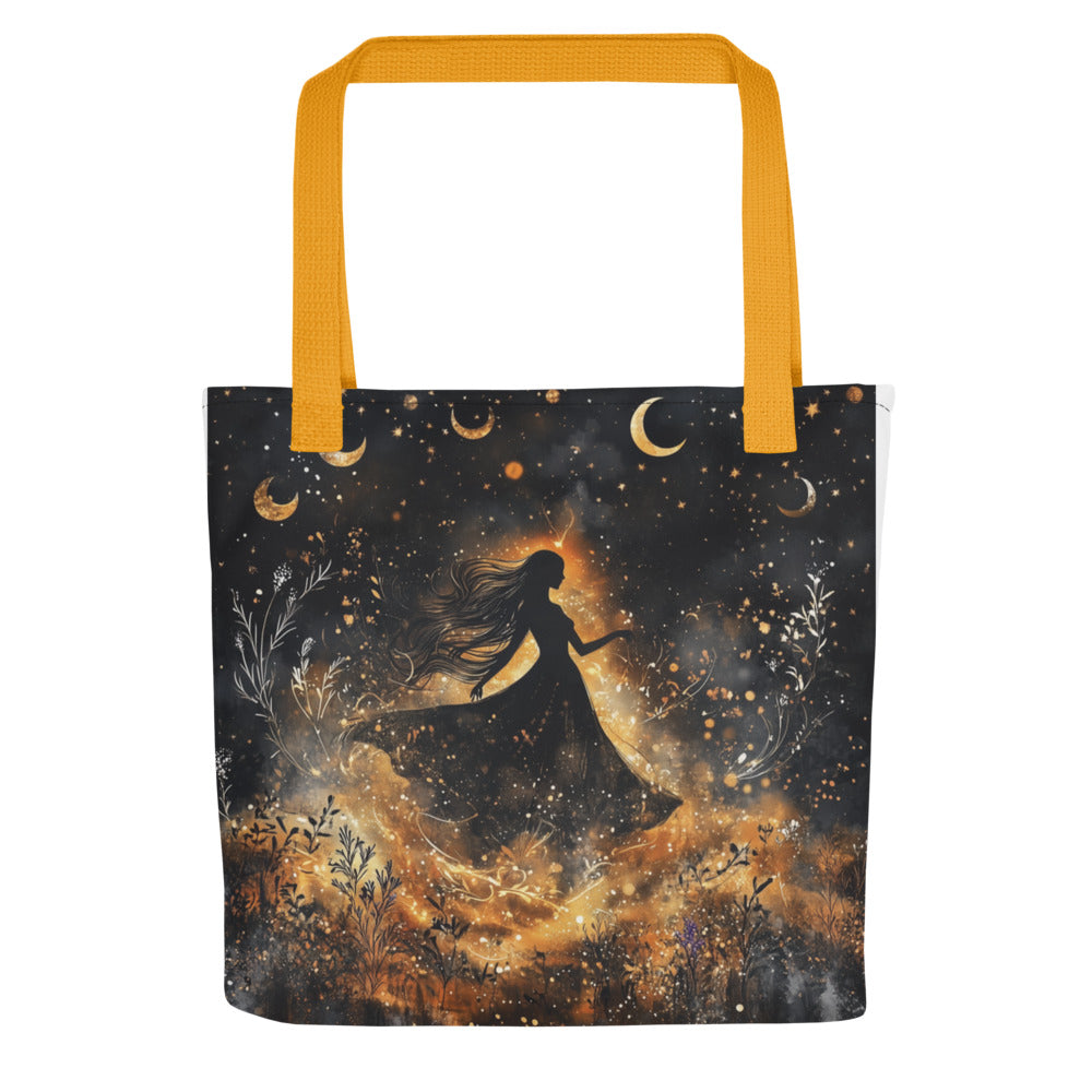 celestial woman illustration with flowing gown and cosmic elements Tote Bag front view — Wandering With Pride