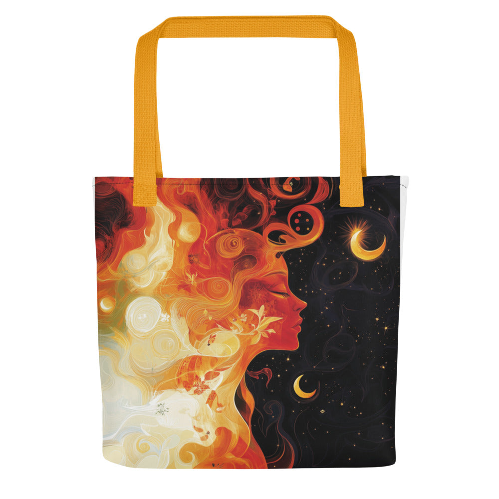 woman's profile surrounded by swirling flames and crescent moon Tote Bag front view — Wandering With Pride