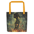 woman's profile surrounded by flames and sparks Tote Bag front view — Wandering With Pride