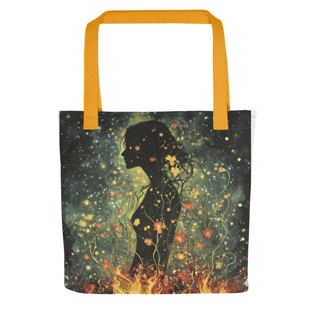woman's profile surrounded by flames and sparks Tote Bag front view — Wandering With Pride