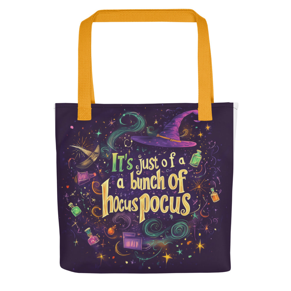 witch's hat and broom illustration with occult book motif Tote Bag front view — Wandering With Pride