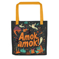cartoon illustration of ghost, cat, broom, pumpkin, and Halloween elements with text 'Amok, amok!' Tote Bag front view — Wandering With Pride