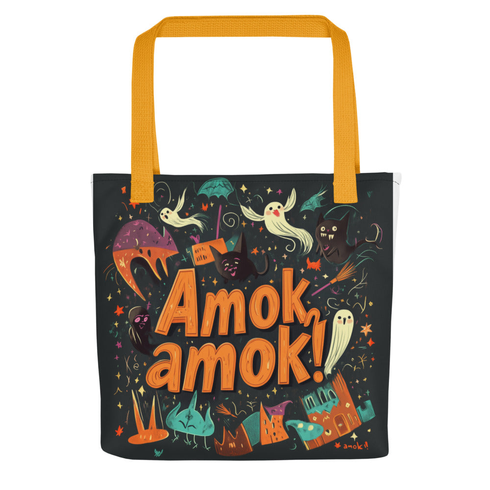 cartoon illustration of ghost, cat, broom, pumpkin, and Halloween elements with text 'Amok, amok!' Tote Bag front view — Wandering With Pride
