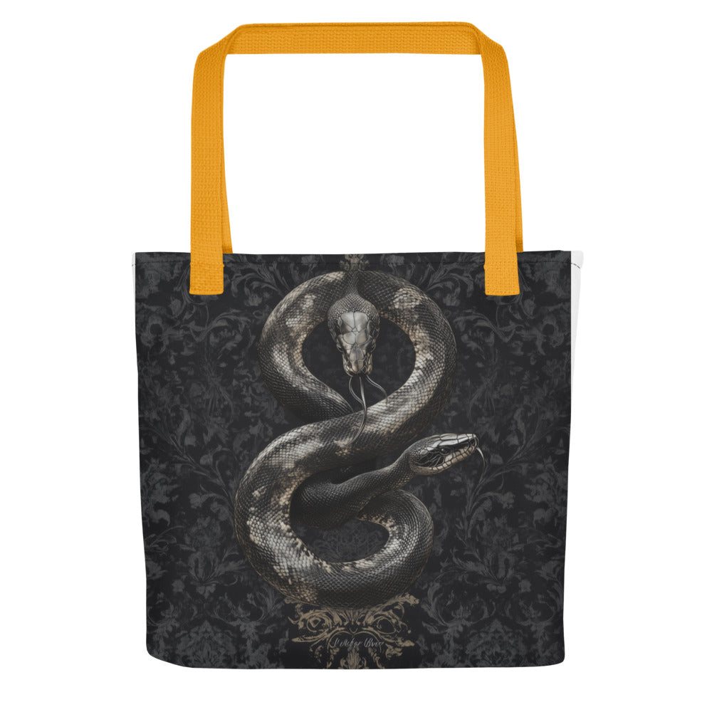 snake coiled around a skull illustration Tote Bag front view — Wandering With Pride