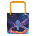 meditating figure with swirling colorful aura illustration Tote Bag front view — Wandering With Pride