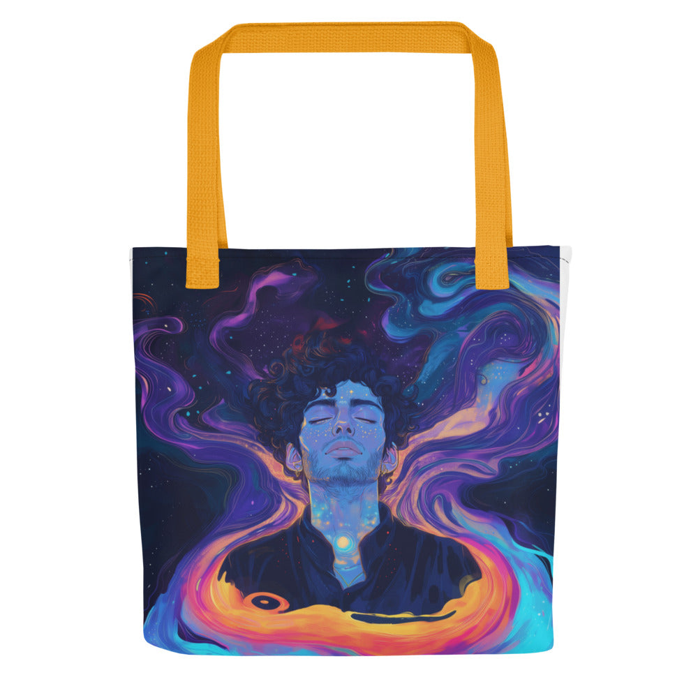 meditating figure with swirling colorful aura illustration Tote Bag front view — Wandering With Pride