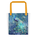 vibrant peacock illustration with glowing eyes and iridescent feathers Tote Bag front view — Wandering With Pride