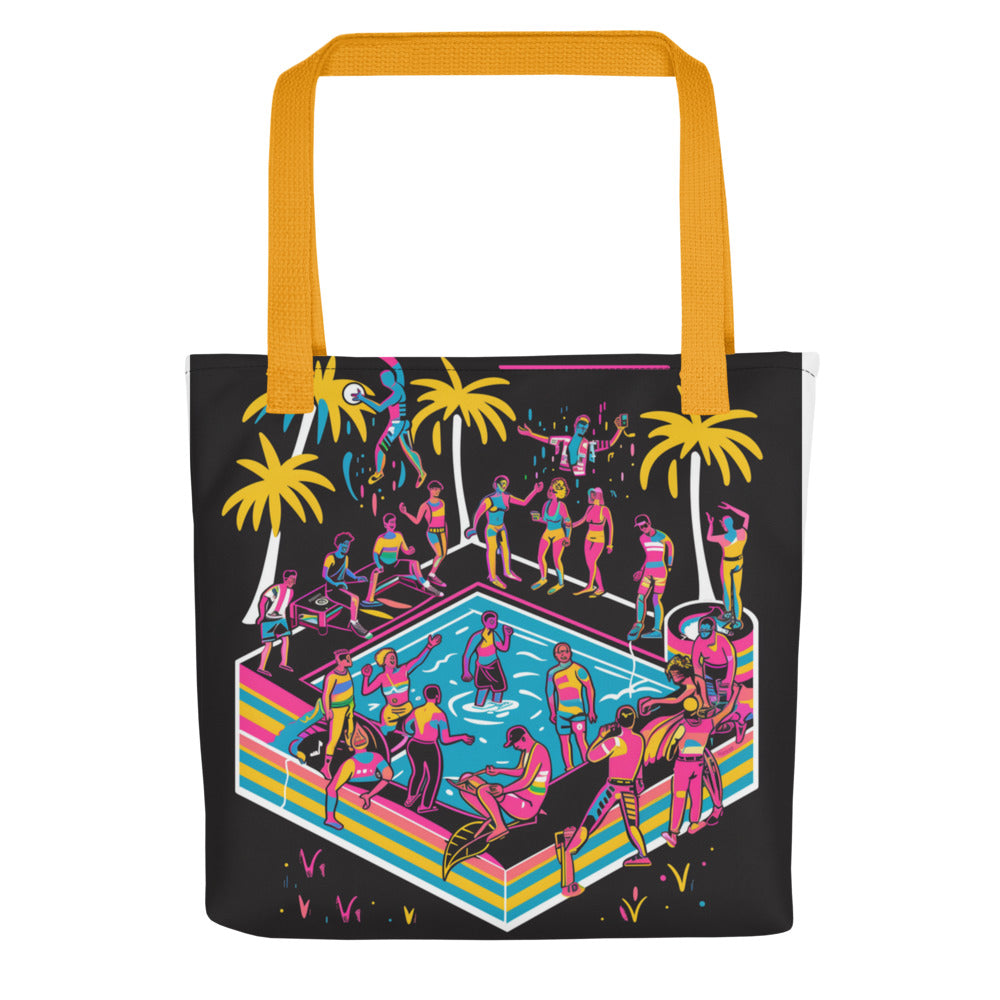 neon-style illustration of queer people relaxing at a pool Tote Bag front view — Wandering With Pride
