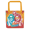 cartoon illustration of two playful queer women with sunglasses and a palm tree, branded 'Hot & Prowd' Tote Bag front view — Wandering With Pride