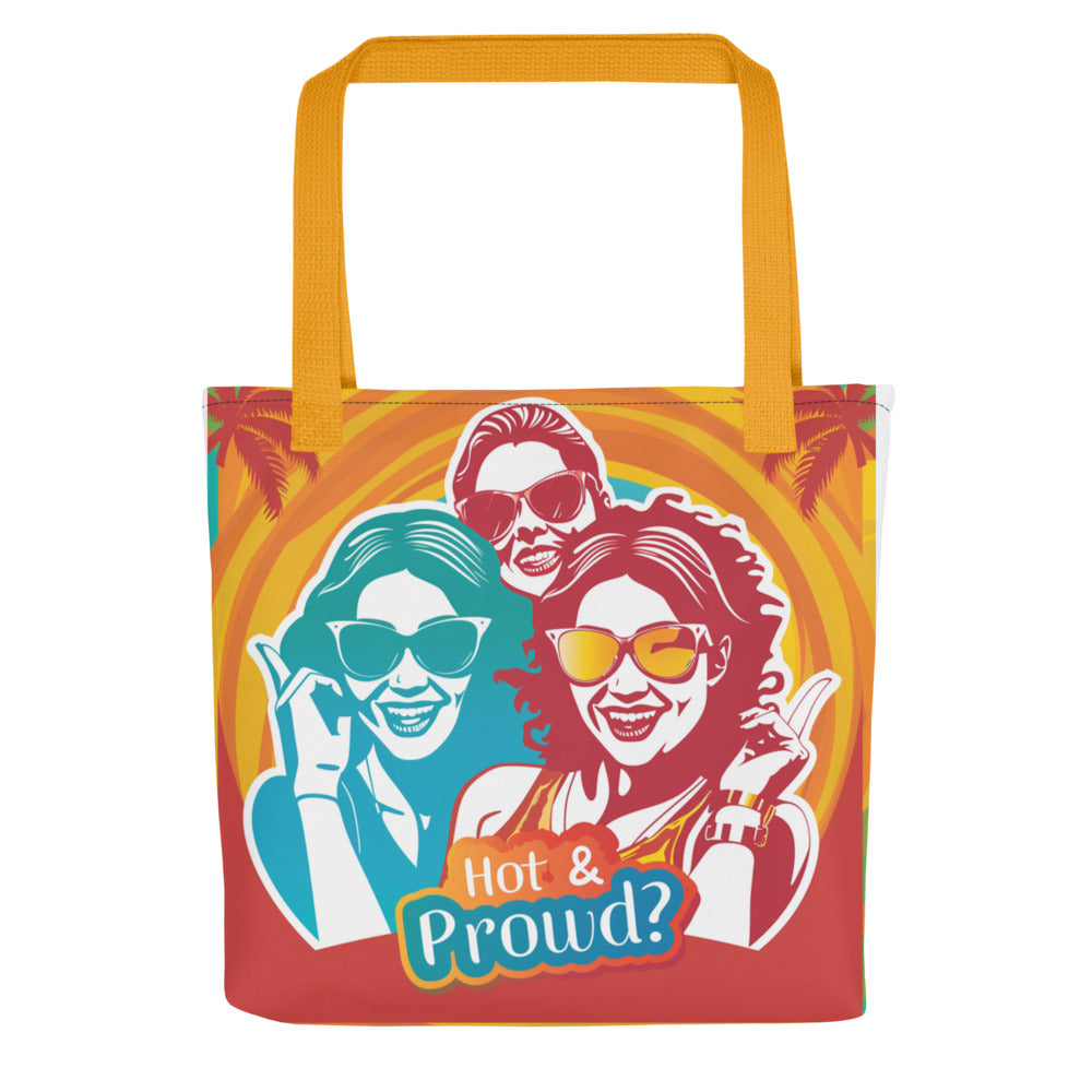 cartoon illustration of two playful queer women with sunglasses and a palm tree, branded 'Hot & Prowd' Tote Bag front view — Wandering With Pride