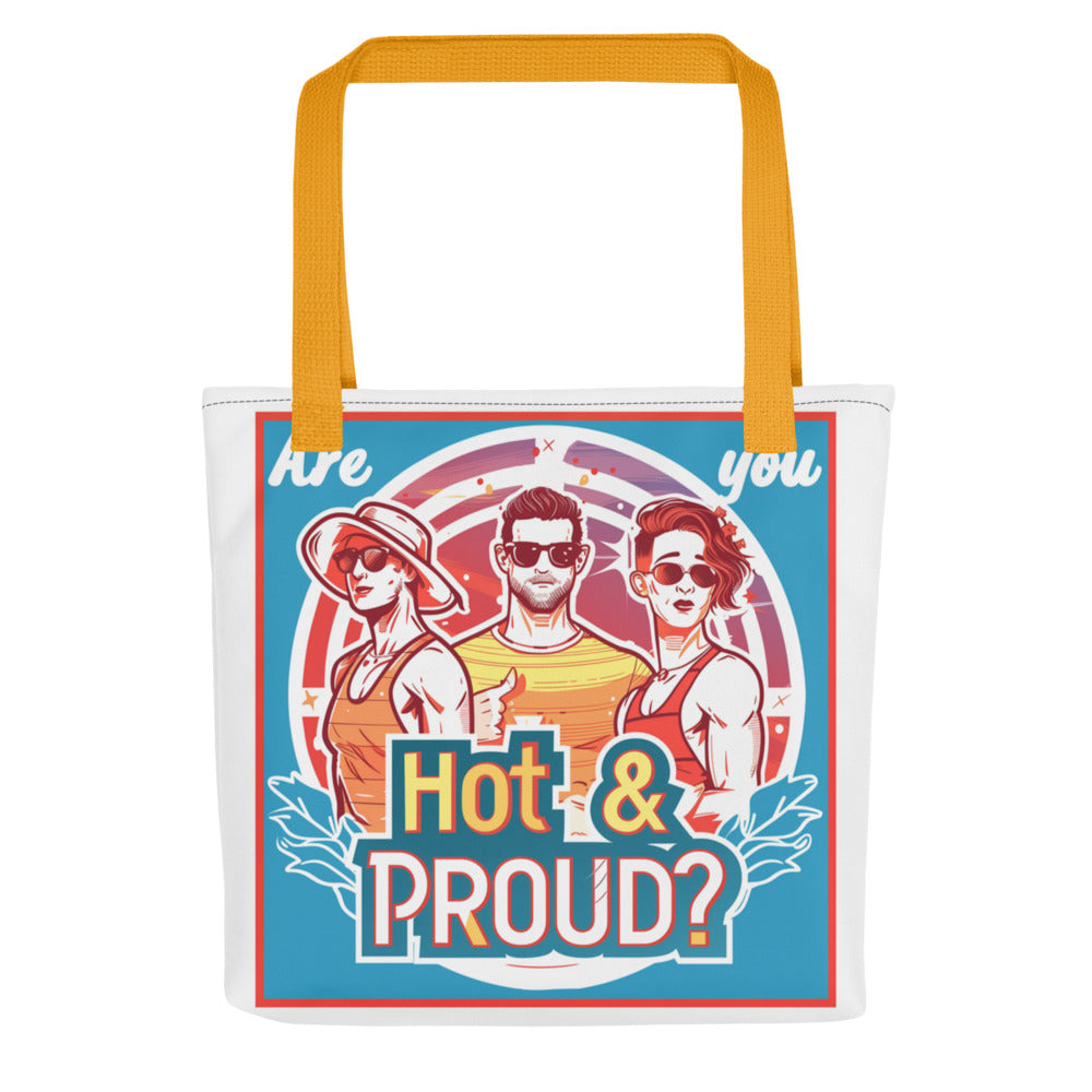 illustration of three queer summer friends in colorful tank tops Tote Bag front view — Wandering With Pride