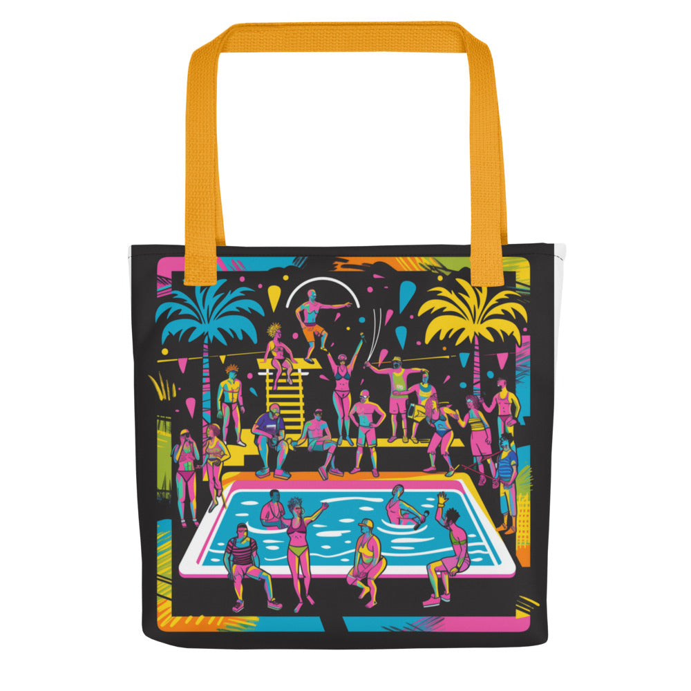 neon pool party illustration with diverse figures Tote Bag front view — Wandering With Pride
