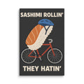 Anime-style sashimi roll on a red bicycle wearing a blue helmet Canvas Print front view — Wandering With Pride