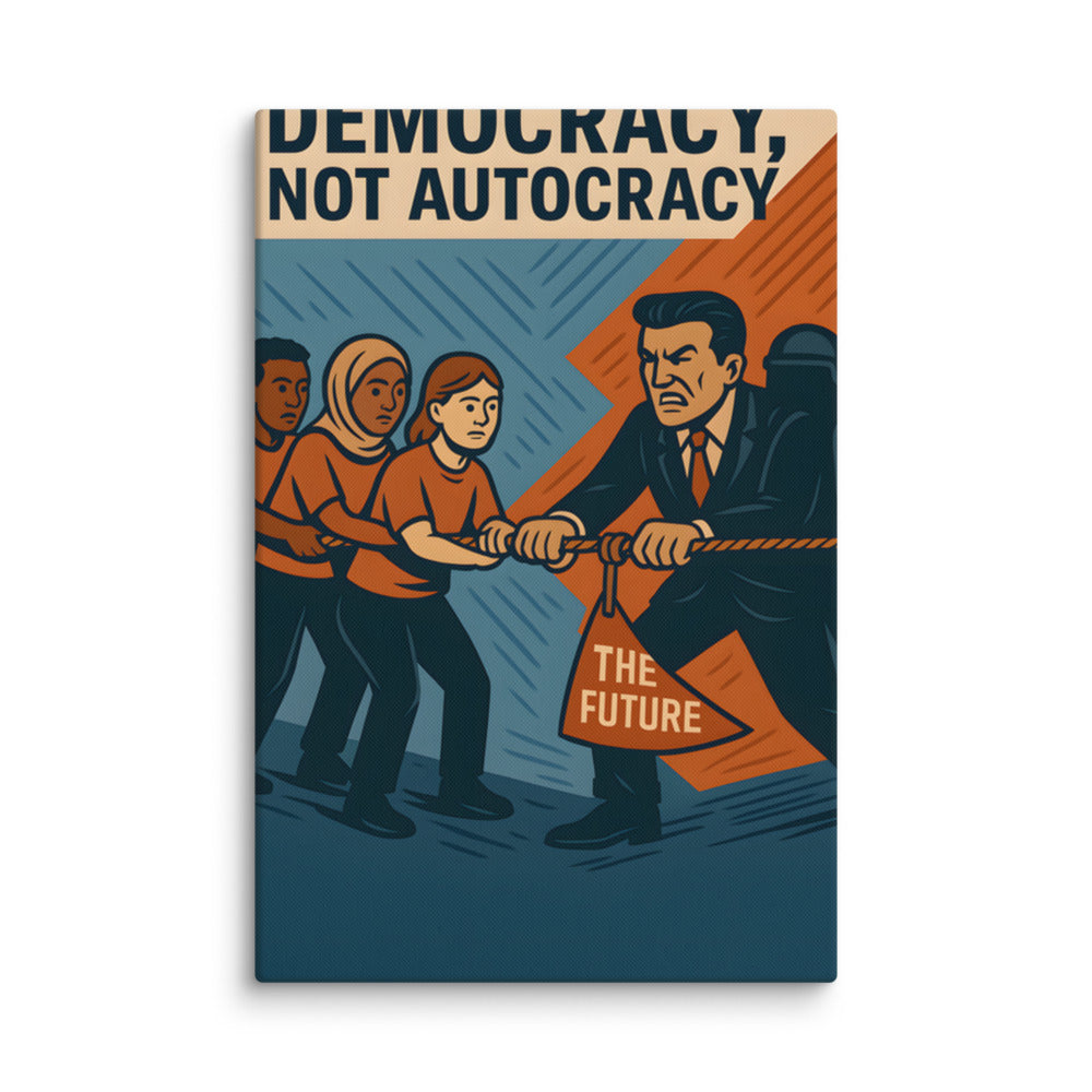 Democracy, Not Autocracy typography Canvas Print front view — Wandering With Pride