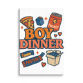 Playful 'Boy Dinner' illustration featuring a pizza slice face, energy drink, protein box, and heart Canvas Print front view — Wandering With Pride