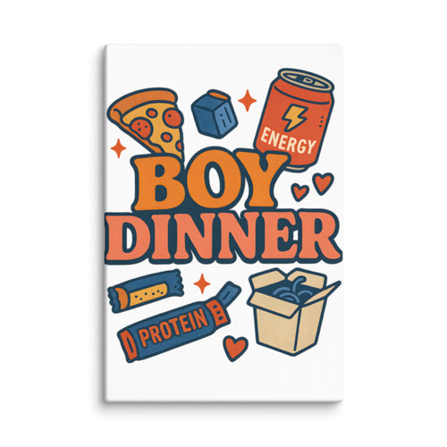 Playful 'Boy Dinner' illustration featuring a pizza slice face, energy drink, protein box, and heart Canvas Print front view — Wandering With Pride