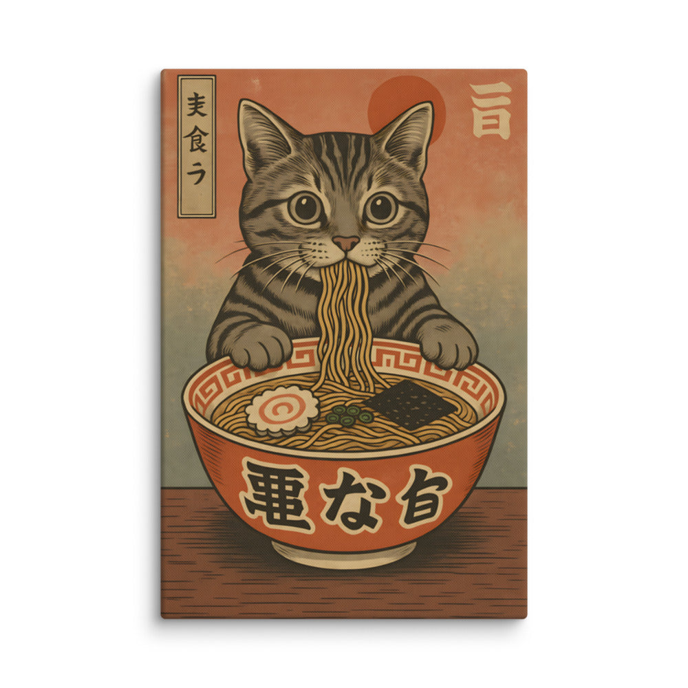 Cat enjoying noodles in a Japanese-style bowl Canvas Print front view — Wandering With Pride