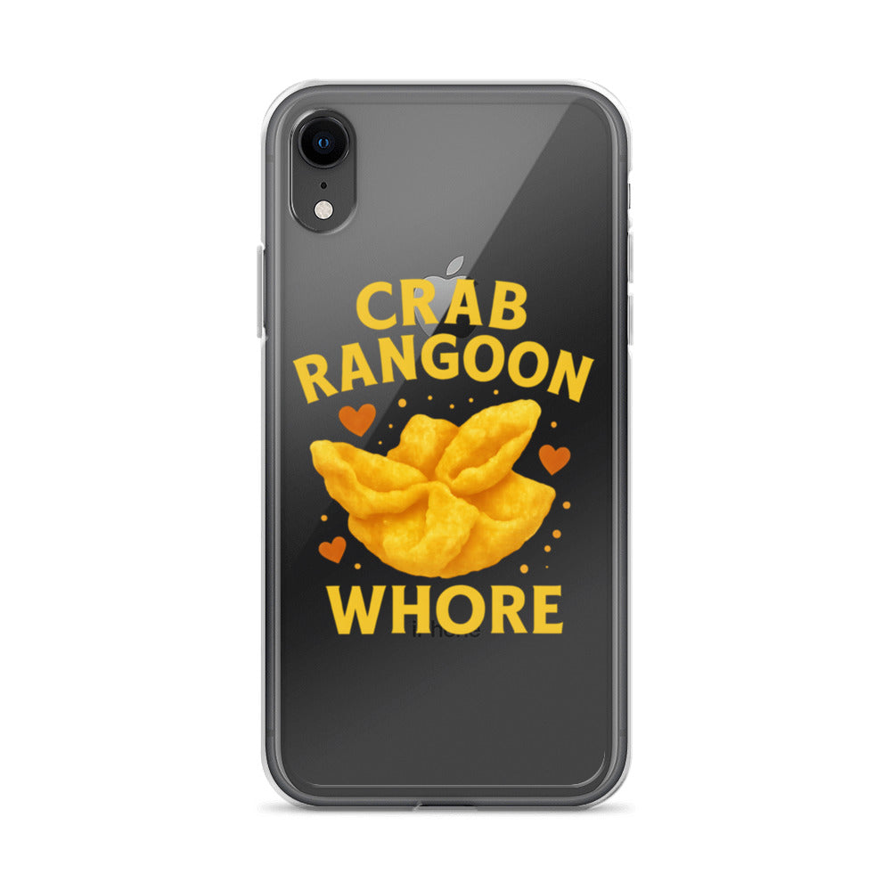 Illustration of a cartoon crab with heart-shaped eyes and mouth, text 'CRAB RANGOON WHORE' iPhone Case front view — Wandering With Pride