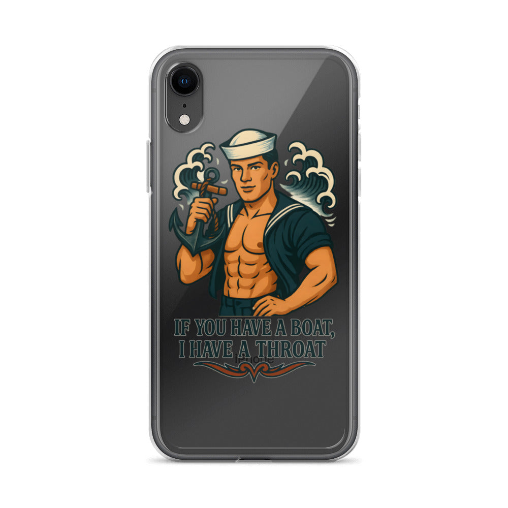 Cartoonish shirtless sailor-man with sharp-edged pointed object iPhone Case front view — Wandering With Pride