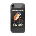 sashimi roll riding a bicycle illustration iPhone Case front view — Wandering With Pride