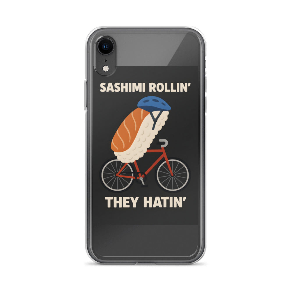 Anime-style sashimi roll on a red bicycle wearing a blue helmet iPhone Case front view — Wandering With Pride