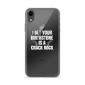 Typography reading 'I BET YOUR BIRTHSTONE IS A CRACK ROCK' in bold white block font on black background iPhone Case front view — Wandering With Pride