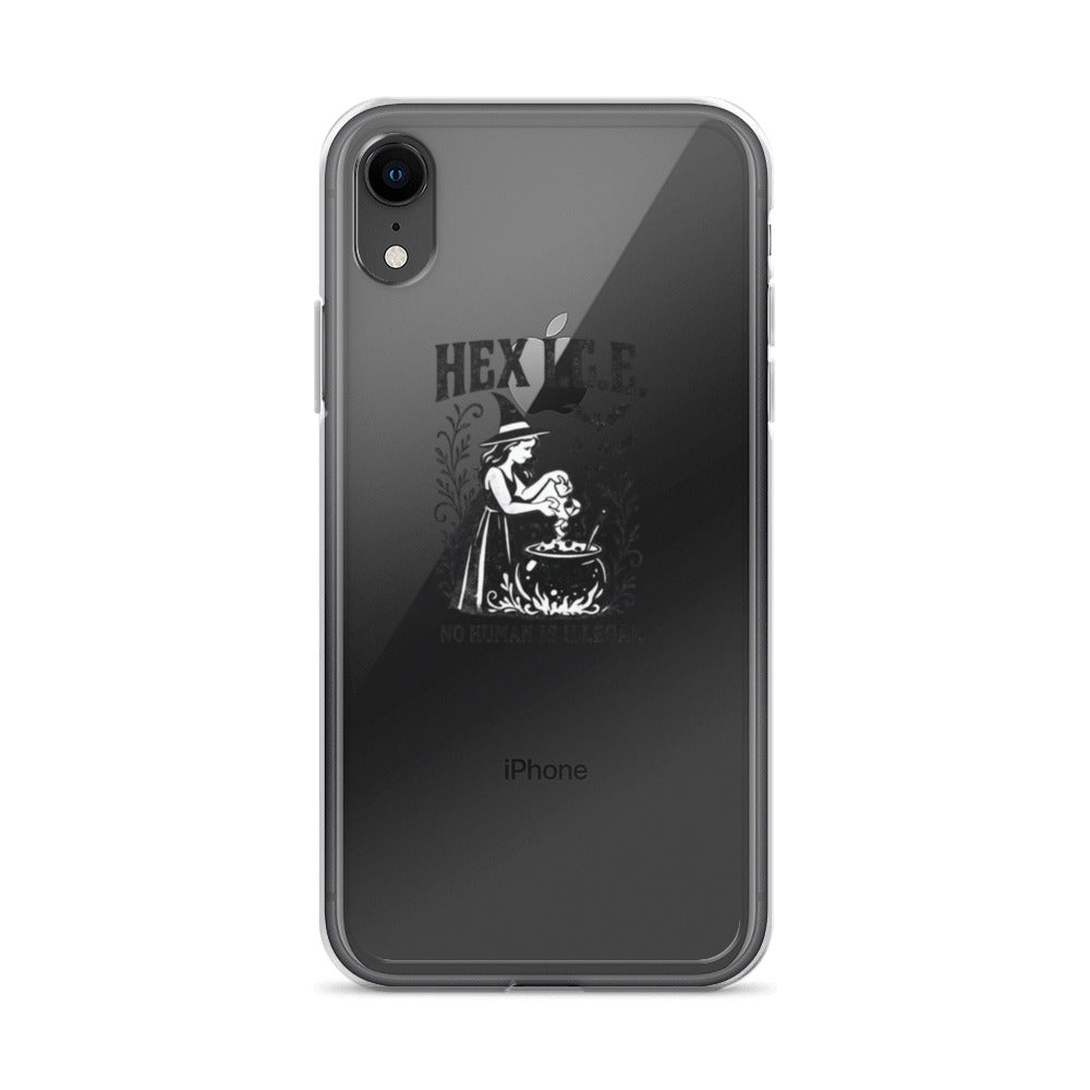 black-and-white illustration of a woman in a witch's hat surrounded by a cauldron iPhone Case front view — Wandering With Pride