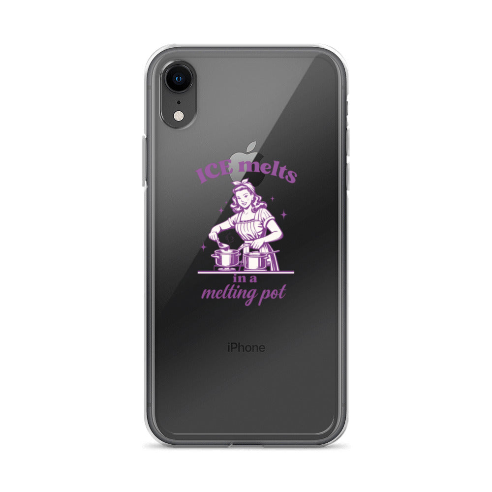 cartoon woman in kitchen holding ice block with slogan 'ICE melts in a melting pot' iPhone Case front view — Wandering With Pride