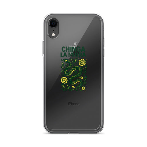 'Chinga La Migra' typography slogan iPhone Case front view — Wandering With Pride