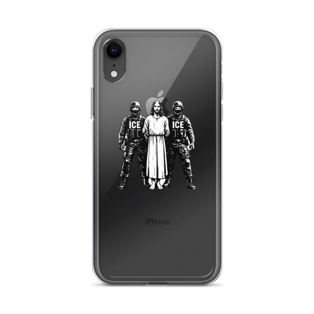 Jesus Christ flanked by two men with 'ICE' labeled body armor iPhone Case front view — Wandering With Pride