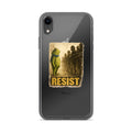 anthropomorphic green frog wearing a blue bandana, standing on a rock with 'RESIST' text below iPhone Case front view — Wandering With Pride