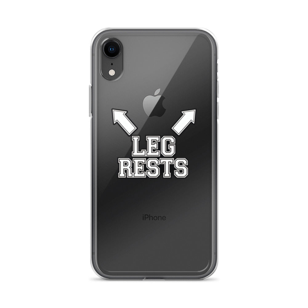 Legs with 'LEG RESTS' typography iPhone Case front view — Wandering With Pride
