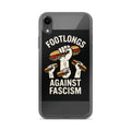 illustration of a white hand holding a giant sandwich with 'FOOTLINGS AGAINST FASCISM' text iPhone Case front view — Wandering With Pride