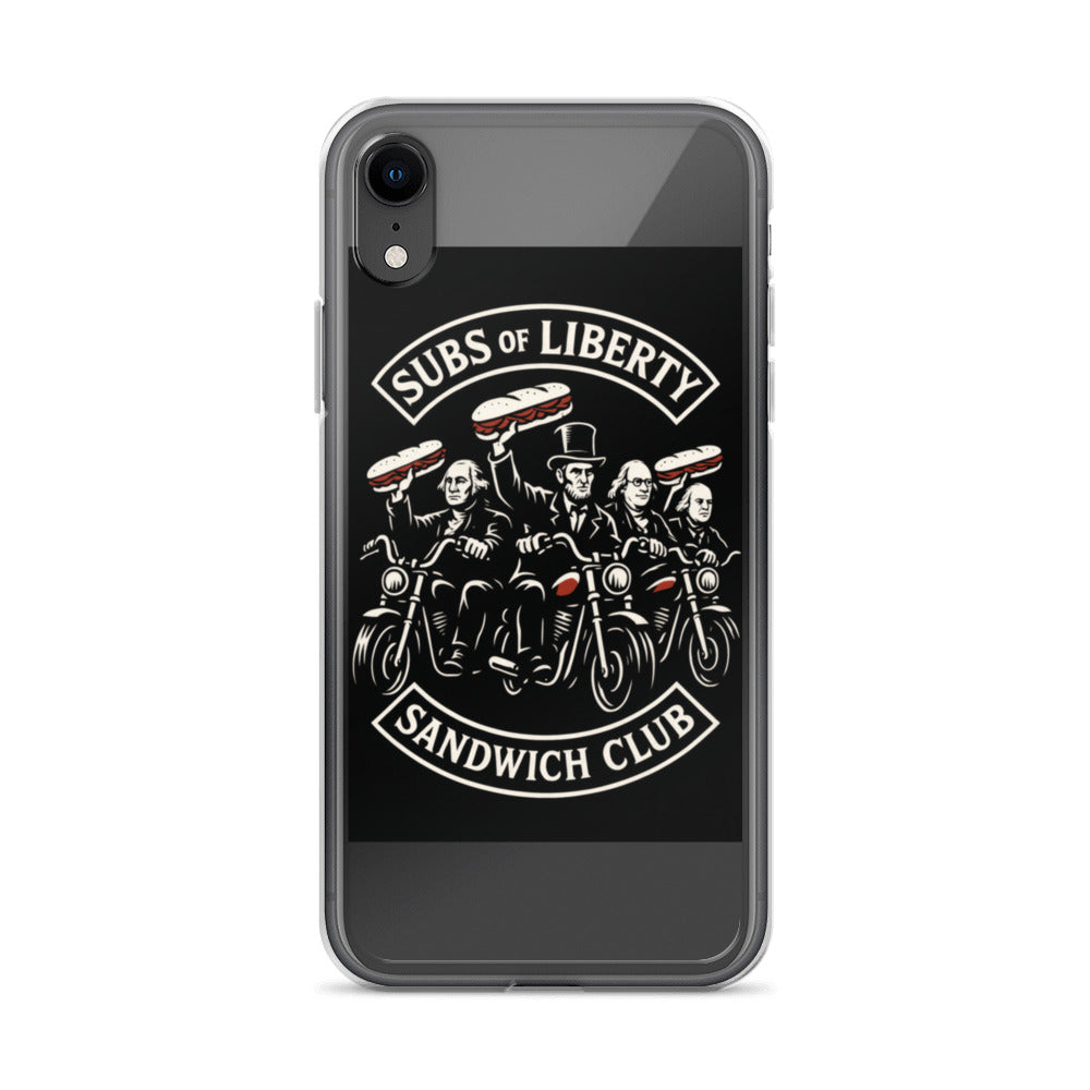 Three retro-styled men on motorcycles holding sandwiches, surrounded by 'SUBS OF LIBERTY' and 'SANDWICH CLUB' text iPhone Case front view — Wandering With Pride