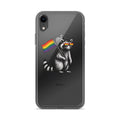 Stylized raccoon wearing sunglasses holding a rainbow flag iPhone Case front view — Wandering With Pride
