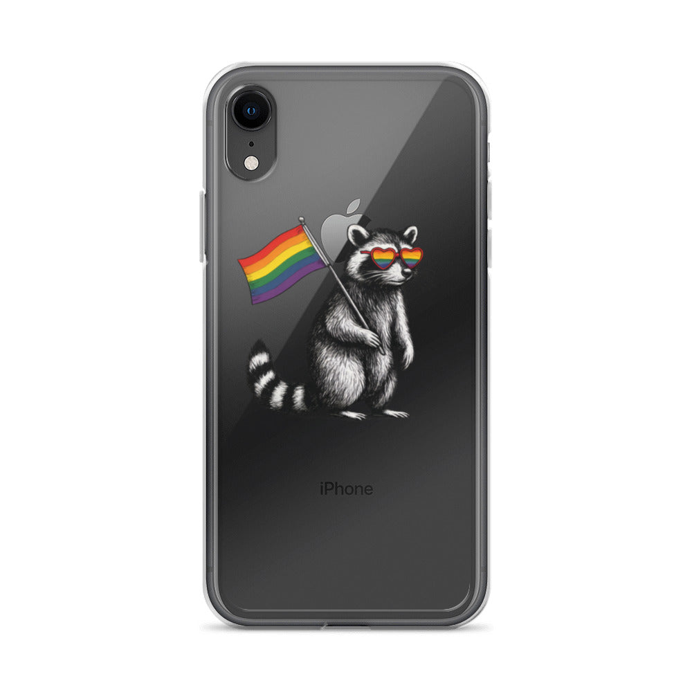 Stylized raccoon wearing sunglasses holding a rainbow flag iPhone Case front view — Wandering With Pride