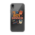 Playful 'Boy Dinner' illustration featuring a pizza slice face, energy drink, protein box, and heart iPhone Case front view — Wandering With Pride