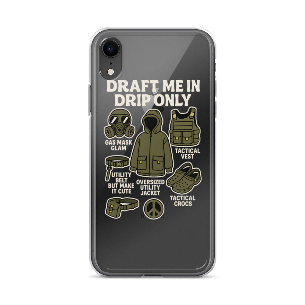 Drip culture gas mask with 'DRAFT ME IN DRIP ONLY' text iPhone Case front view — Wandering With Pride