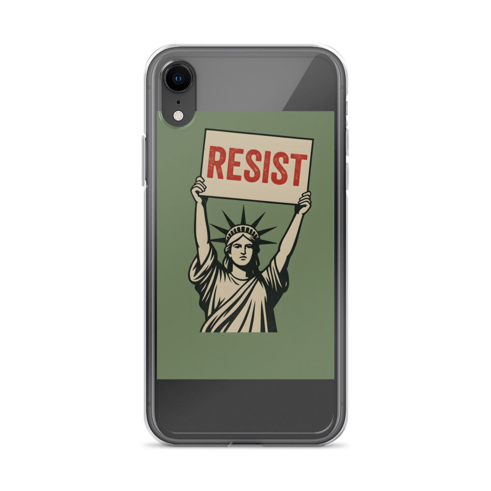 Statue of Liberty holding a 'RESIST' sign iPhone Case front view — Wandering With Pride